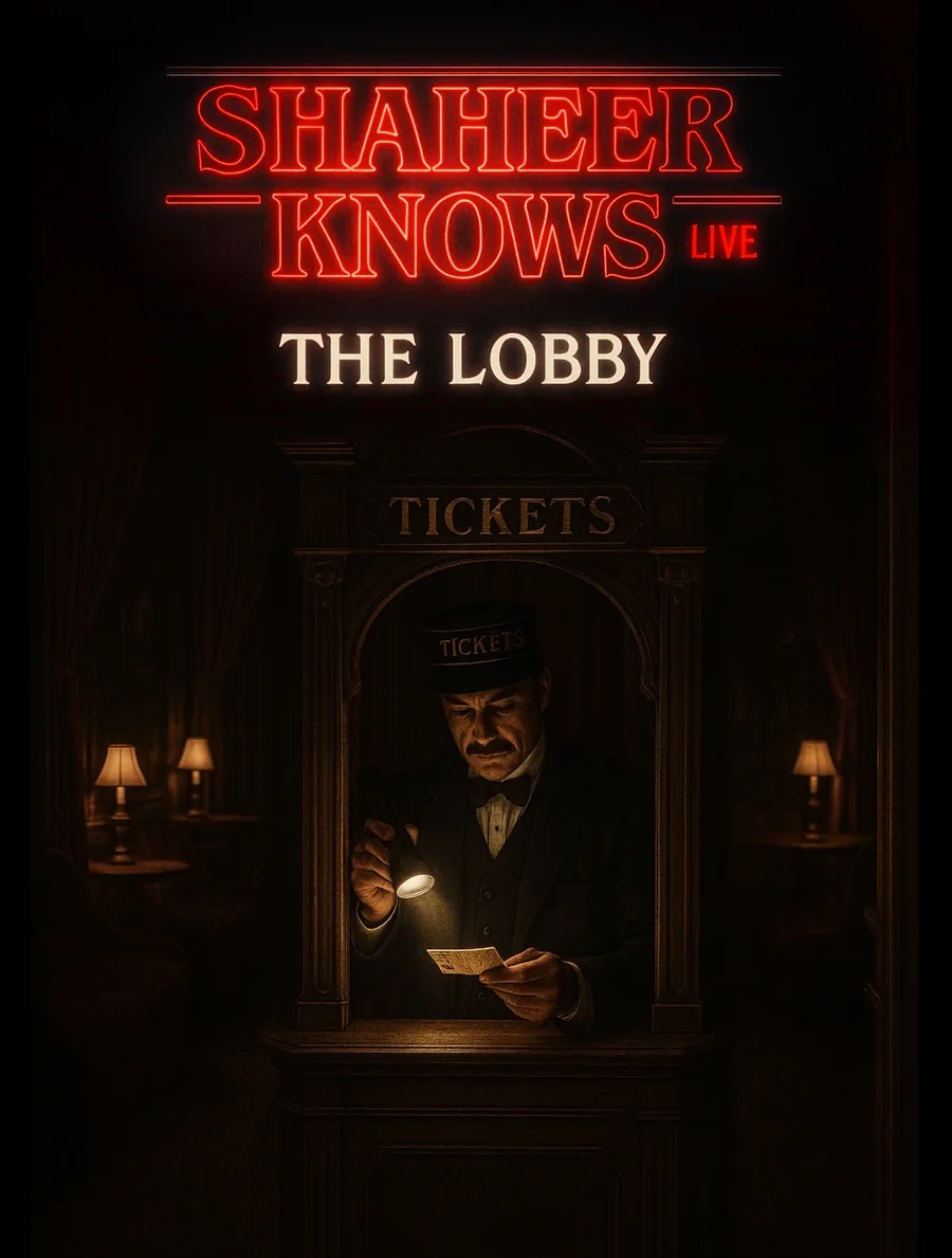 Shaheer Knows Live · The Lobby: the ticket keeper checks a ticket by torchlight